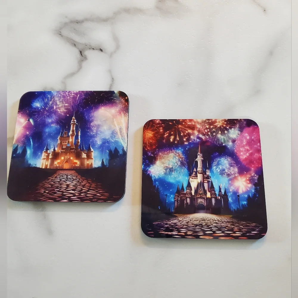 2 Pack Cinderella Castle & Fireworks Coasters
